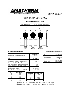 SL0520002 Datasheet PDF AMETHERM Circuit Protection Thermistors