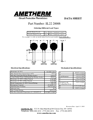 SL2220006 Datasheet PDF AMETHERM Circuit Protection Thermistors
