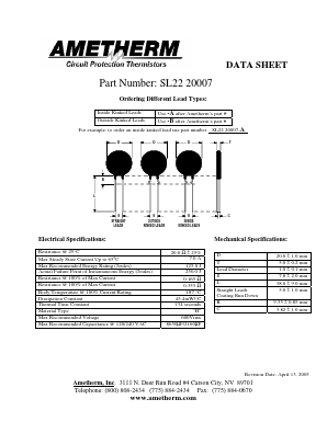 SL2220007 Datasheet PDF AMETHERM Circuit Protection Thermistors