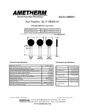 SL154R008-03 Datasheet PDF AMETHERM Circuit Protection Thermistors