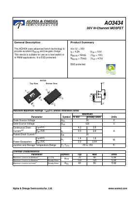 AO3434 Datasheet PDF Alpha and Omega Semiconductor