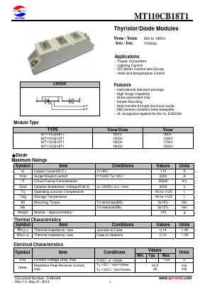 MT110CB16T1 Datasheet PDF Jiangsu APT Semiconductor Co.,Ltd.