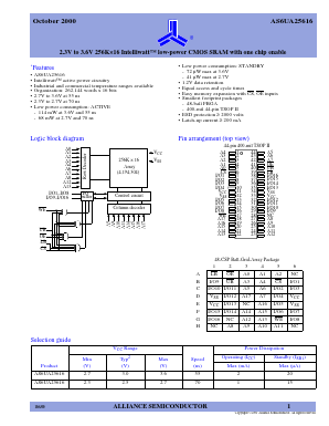 AS6UA25616-BC Datasheet PDF Alliance Semiconductor
