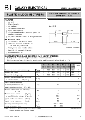 1N4001S Datasheet PDF Galaxy Semi-Conductor