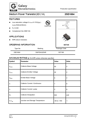 2SD1664 Datasheet PDF Galaxy Semi-Conductor