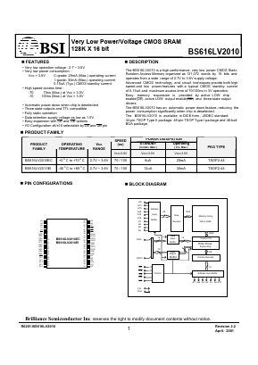 BS616LV2010 Datasheet PDF Brilliance Semiconductor