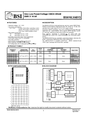 BS616LV4015AI Datasheet PDF Brilliance Semiconductor