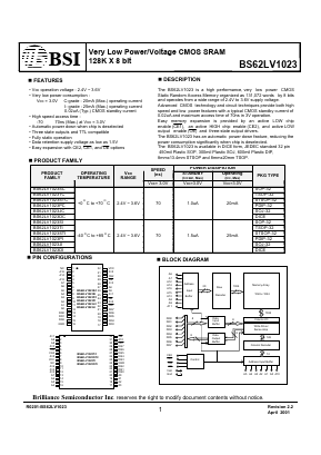 BS62LV1023DC-70 Datasheet PDF Brilliance Semiconductor