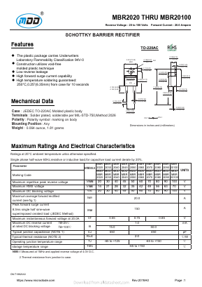 MBR2020 Datasheet PDF Jiangsu Yutai Electronics Co., Ltd