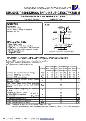 KBU6A Datasheet PDF CHONGQING PINGYANG ELECTRONICS CO.,LTD