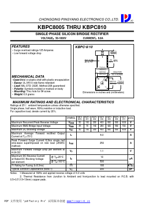 KBPC801 Datasheet PDF CHONGQING PINGYANG ELECTRONICS CO.,LTD