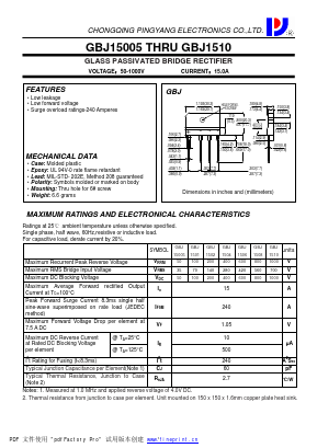 GBJ1510 Datasheet PDF CHONGQING PINGYANG ELECTRONICS CO.,LTD