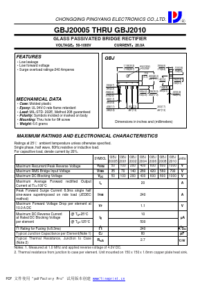 GBJ2006 Datasheet PDF CHONGQING PINGYANG ELECTRONICS CO.,LTD