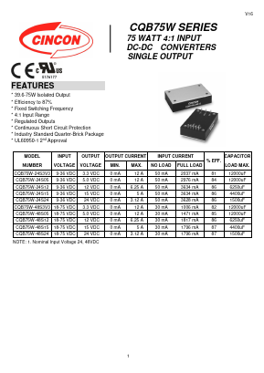 CQB75W Datasheet PDF CINCON ELECTRONICS Corporation