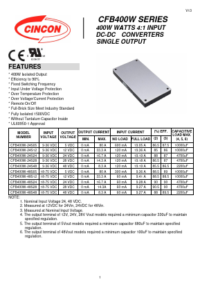CFB400W Datasheet PDF CINCON ELECTRONICS Corporation