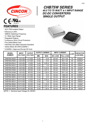 CHB75W-24S15 Datasheet PDF CINCON ELECTRONICS Corporation