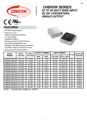 CHB50W-24S33 Datasheet PDF CINCON ELECTRONICS Corporation