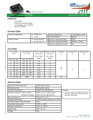 J1111CS6VDC Datasheet PDF CIT Relay and Switch
