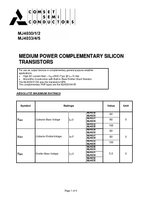 MJ4033 Datasheet PDF Comset Semiconductors
