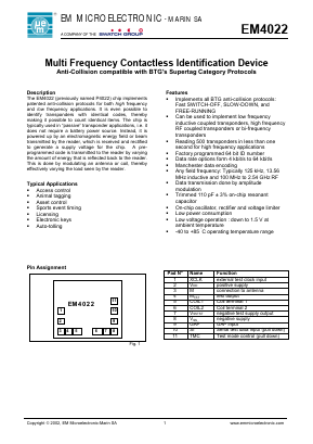EM4022V15WS11 Datasheet PDF EM Microelectronic - MARIN SA