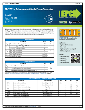 EPC2019 Datasheet PDF Efficient Power Conversion Corporation.