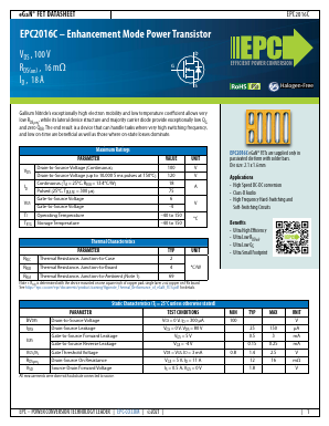 EPC2016C Datasheet PDF Efficient Power Conversion Corporation.