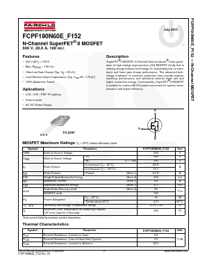 FCPF190N60E_F152 Datasheet PDF Fairchild Semiconductor