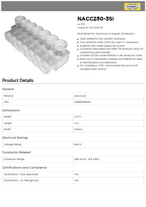 NACC250-3SI Datasheet PDF Hubbell Incorporated.