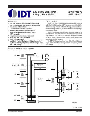 IDT71V416YL Datasheet PDF Integrated Device Technology