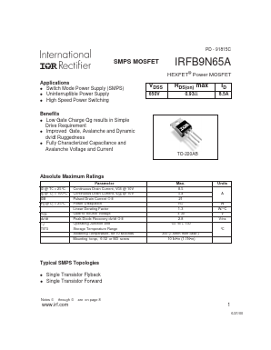 IRFB9N65 Datasheet PDF International Rectifier