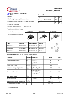 IPP05N03LA Datasheet PDF Infineon Technologies