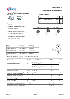 IPP80N06S4L-07 Datasheet PDF Infineon Technologies