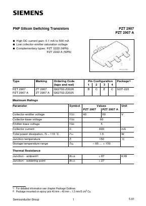 PZT2907 Datasheet PDF Infineon Technologies