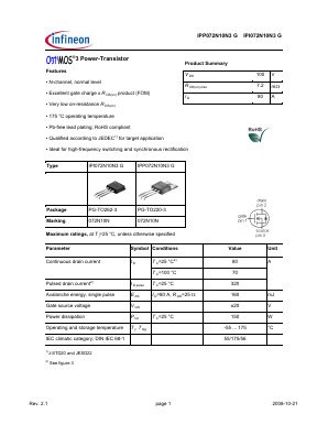 IPP072N10N3G Datasheet PDF Infineon Technologies