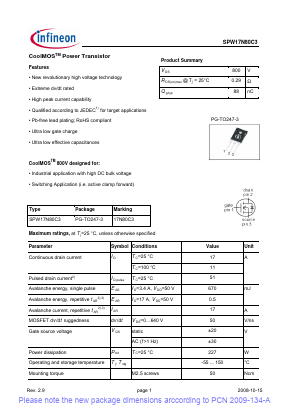 SPW17N80C3 Datasheet PDF Infineon Technologies