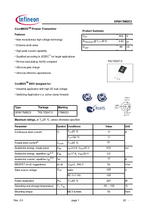 SPW17N80C3A Datasheet PDF Infineon Technologies
