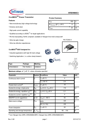 SPD04N80C3 Datasheet PDF Infineon Technologies
