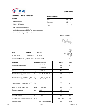 SPA15N65C3 Datasheet PDF Infineon Technologies