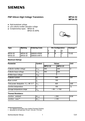 MPSA92 Datasheet PDF Infineon Technologies