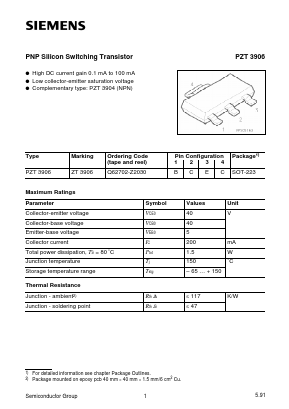 PZT3906 Datasheet PDF Infineon Technologies
