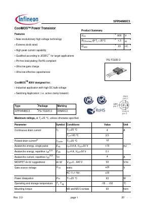 SPP04N80C3 Datasheet PDF Infineon Technologies
