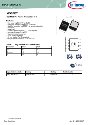 BSC016N04LSG Datasheet PDF Infineon Technologies