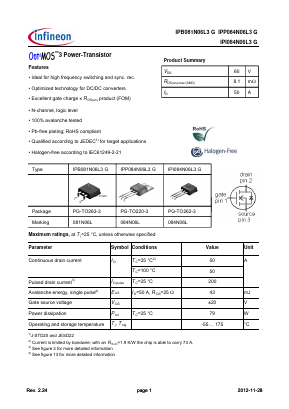 IPI084N06L3G Datasheet PDF Infineon Technologies