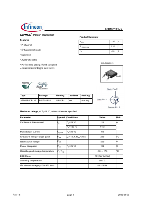 SPD15P10PL Datasheet PDF Infineon Technologies