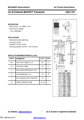 2SK1701 Datasheet PDF Inchange Semiconductor