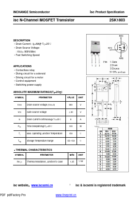 K1803 Datasheet PDF Inchange Semiconductor