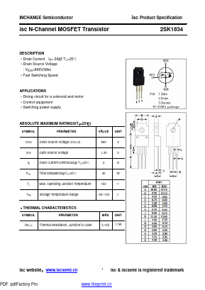 2SK1834 Datasheet PDF Inchange Semiconductor