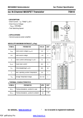 75N10 Datasheet PDF Inchange Semiconductor