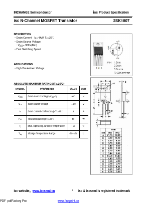 K1807 Datasheet PDF Inchange Semiconductor