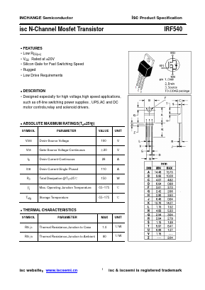 IRF540 Datasheet PDF Inchange Semiconductor